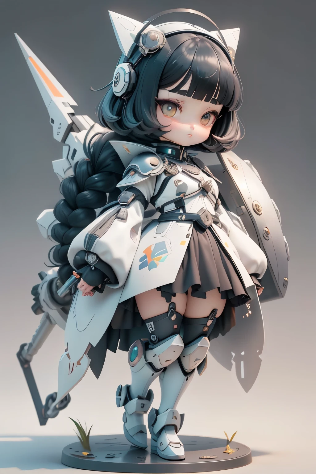 plastic an 00d, 1 girl, , Dopamine Color Matching, Double Diamond, white theme, Luxurious fabrics, dither, far-reaching, She is fused with futuristic Gundam mecha, Gundam style, with headgear, with v-fin ,, armored shoulders,armored under arms, armored under legs, mechanical wings, holding weapon, holding huge weapon, holding Very large shield, battle pose,(bob cut:1.3),Braid, black hair, thick eyebrows, light colored iris, big, shining black eyes, long eyelashes, small, pale natural lips, (Average face of Japanese idols), wide forehead:1.2, plump cheeks, small chin, visible side boob, pretty background３d、4ｄ,Walking my Shiba Inu,