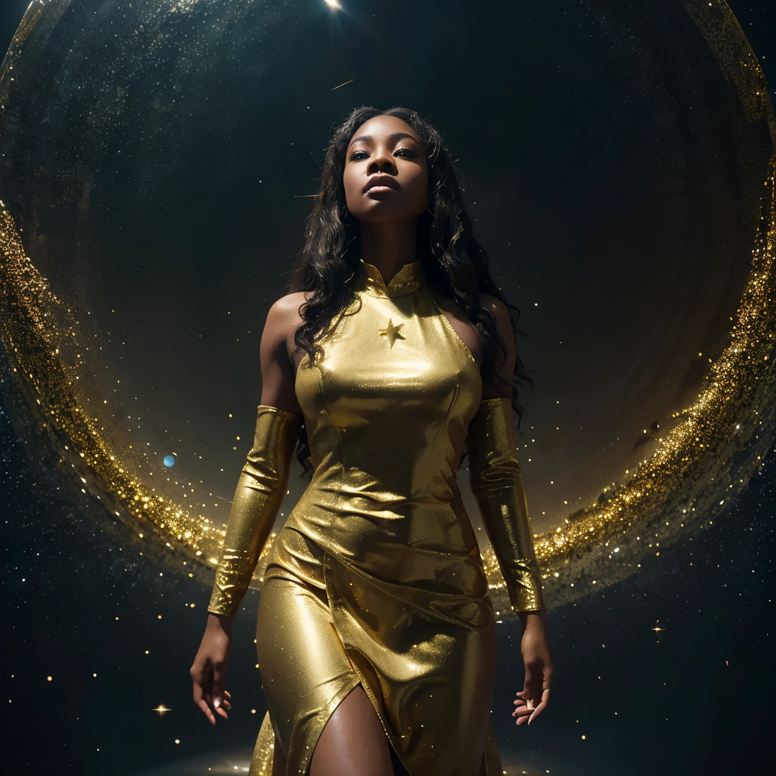 Aerial shot and fish eye view shot of black woman dressed in a golden long wavy dress standing on top of a glass surface with stars in the background, golden particles falling on her, artgerm style, 32k, ultra HD, unreal engine rendered, hyper-realistic image