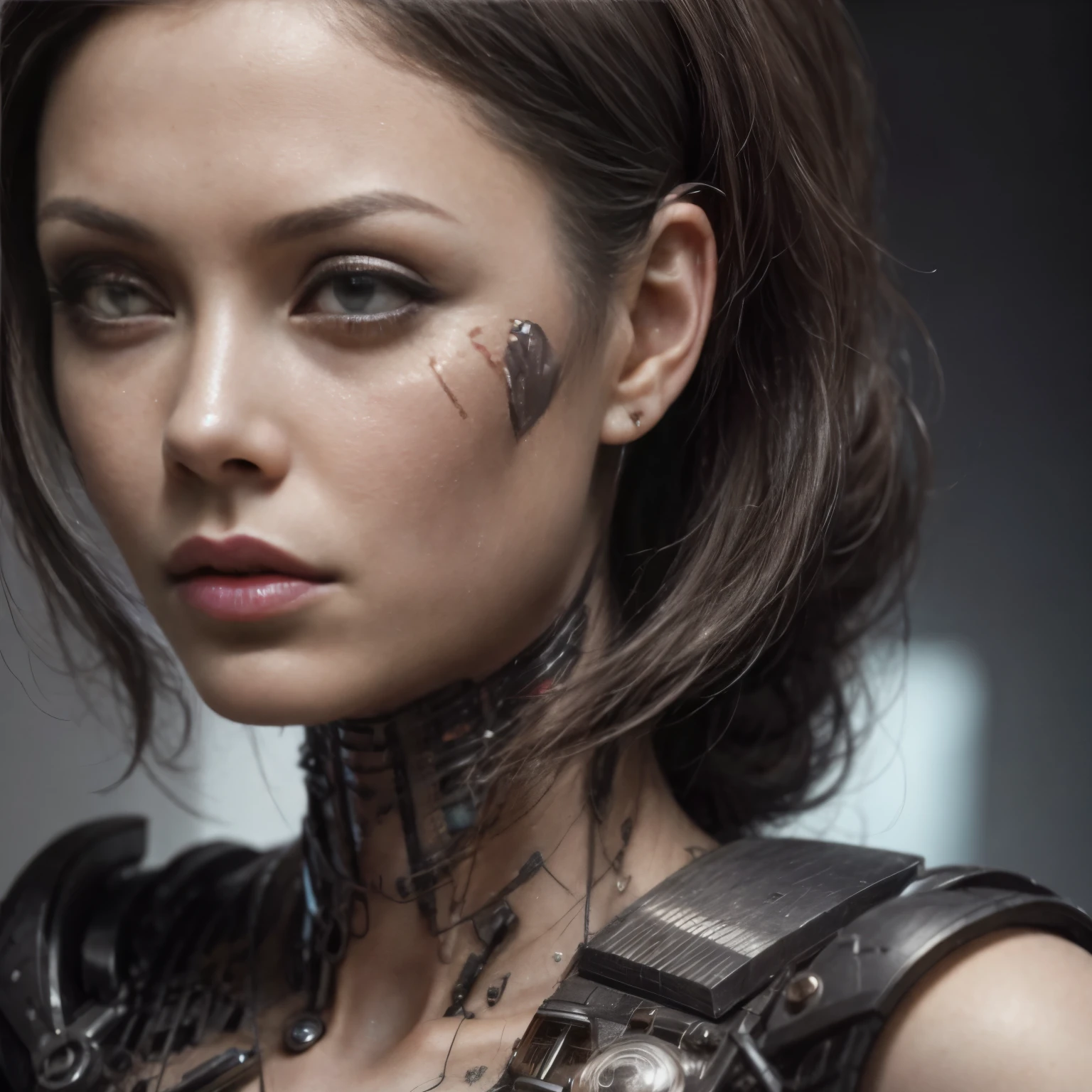 a close-up of a woman with a very strange face and strange hair, horror cyberpunk style, angry cyberpunk beautiful goddess, cyborg woman, hyper-realistic cyberpunk style, cyborg girl, cyberpunk style,hyper-realistic, intricate cyberpunk makeup - up, cyborg - girl, cyborg fashion model, Detailed portrait of a cyborg, cyberpunk cyborg, angry female cyborg