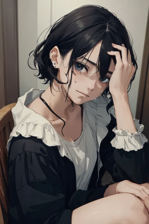 ((highest quality)), ((masterpiece)), (get used to it), perfect face is sad Are crying girl dark room one piece tears sitting look down anxious face Are crying black hair Face down