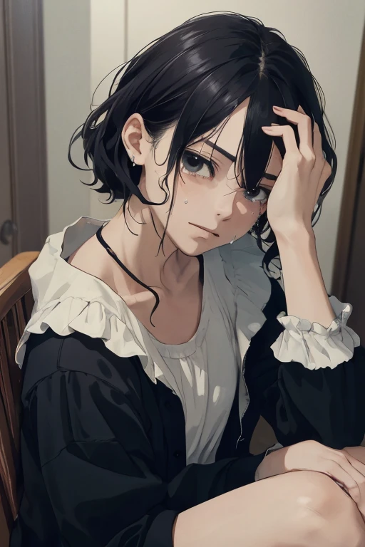 ((highest quality)), ((masterpiece)), (get used to it), perfect face is sad　Are crying　girl　dark room　one piece　tears　sitting　look down　anxious face　Are crying　black hair　Face down　
