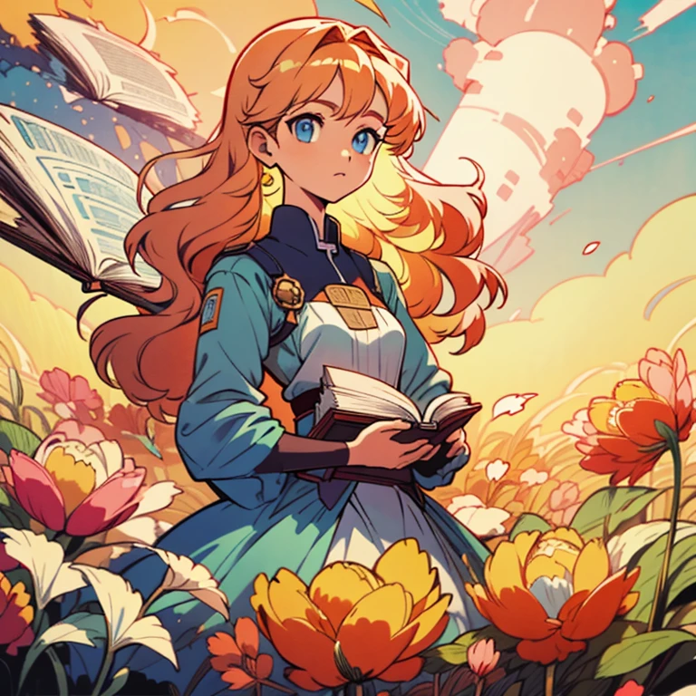 A girl with wavy yellow hair and blue eyes stands in the middle of a field of flowers wearing a light blue dress while holding an open book in her hands 