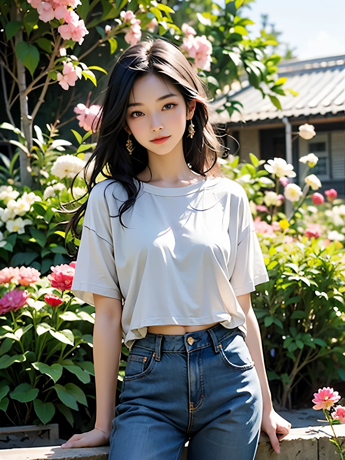 Create an image of an Asian woman wearing a t-shirt and jeans facing the viewer.. Surrounded by flower gardens, natural light