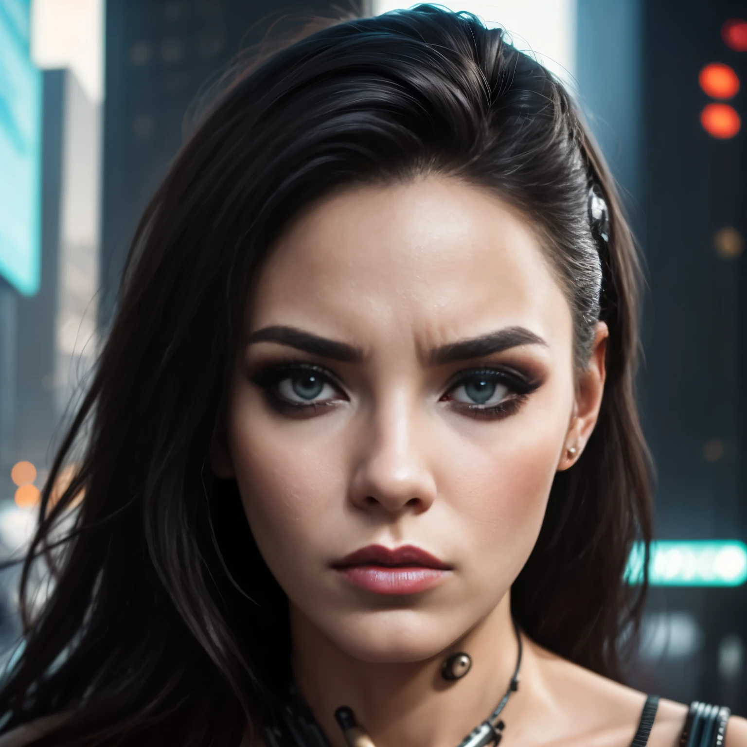 a close-up of a woman with a very strange face and strange hair, horror cyberpunk style, angry cyberpunk beautiful goddess, cyborg woman, hyper-realistic cyberpunk style, cyborg girl, cyberpunk style,hyper-realistic, intricate cyberpunk makeup - up, cyborg - girl, cyborg fashion model, Detailed portrait of a cyborg, cyberpunk cyborg, angry female cyborg
