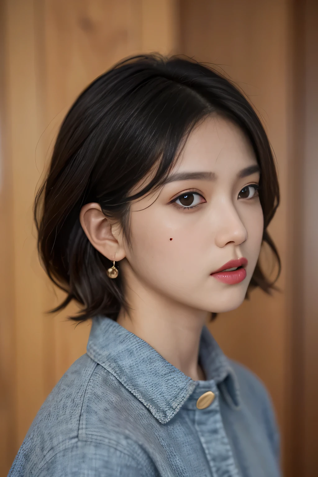 1girl, solo，  looking at viewer, short hair, brown hair, shirt, black hair,  brown eyes, jewelry,  earrings, parted lips, , mole, blurry, lips, mole under eye,realistic, nose，