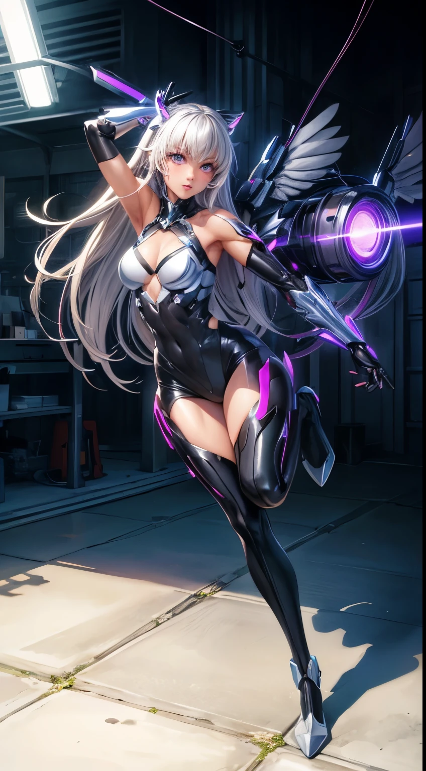 1人、silver hair、Straight hair, shiny and clean hair、White shiny skin、Sexy Cyberpunk Girl、((super realistic details))、Shadow、octan render、ultrasharp、hyperdetailed face、Fiberglass、Luminous tube、highly intricate detail、Realistic light、CGSoation Trends、(purple eyes)、(Facing the camera)、neon details、Mechanical limbs、Mechanical vertebrae attached to the back、mechanical cervical attaching to neck、Wires and cables connecting to the head、((valkyrie))、((Beam Cannon))、Combat stance、((seductive pose:1.2))、full body、glaring、