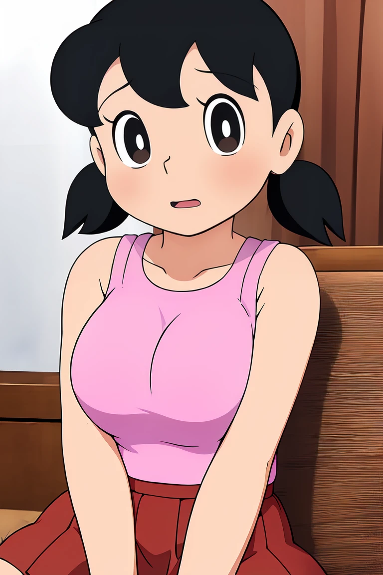 1 girl, alone, Upper body, red skirt, black hair, twin tails, big breasts, short twin tails, Sofa backrest,
