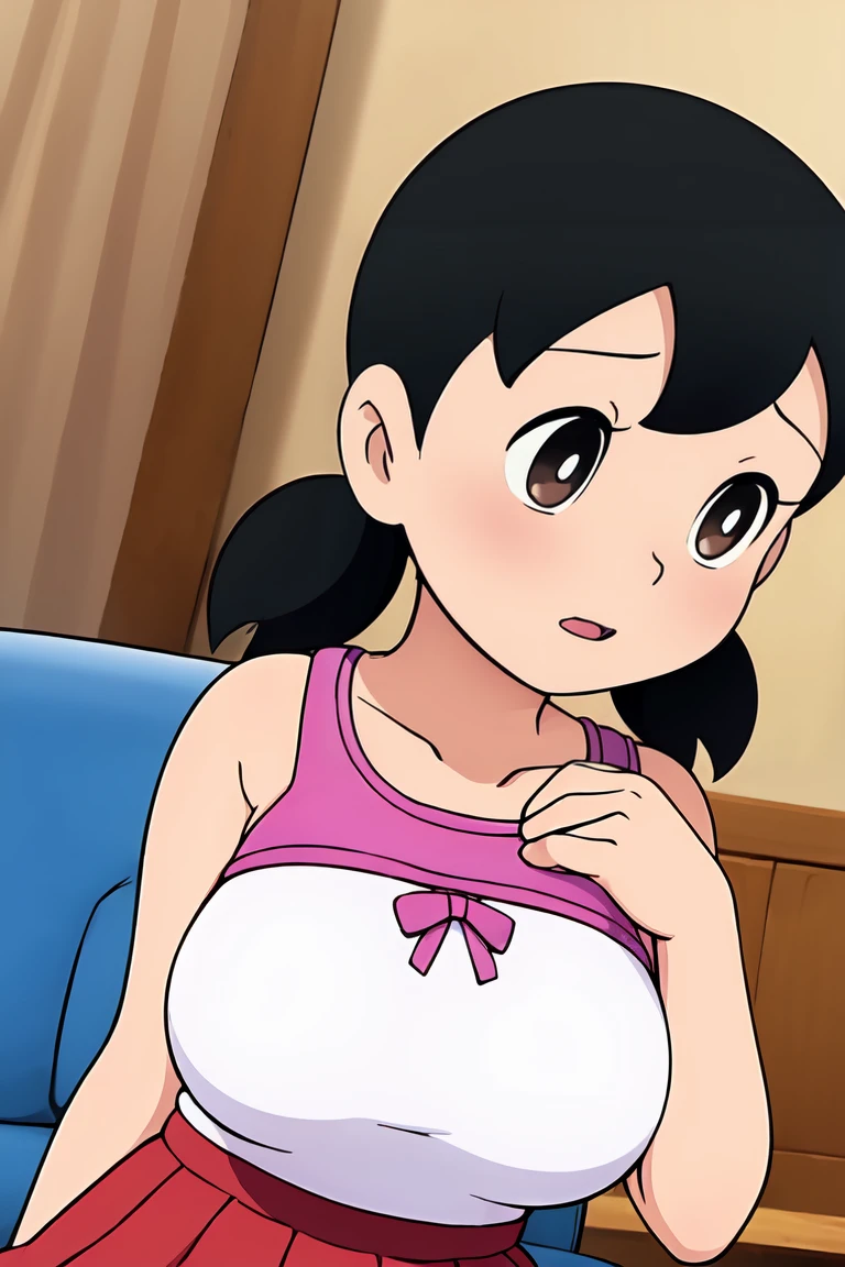 1 girl, alone, Upper body, red skirt, black hair, twin tails, big breasts, short twin tails, Sofa backrest,