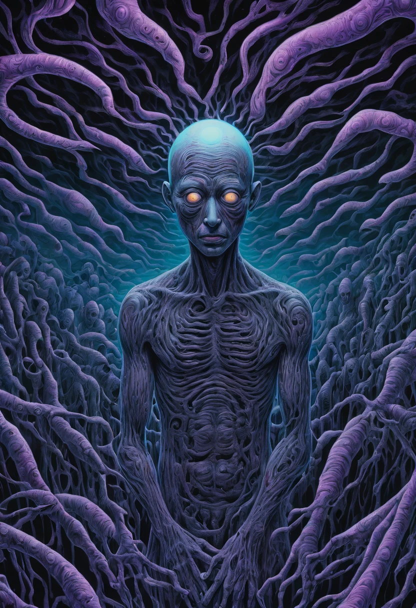 psychedelic, intricate, hyper detailed, artistic, human figure, anatomy, portrait, veins and arteries, scary, turning into cosmic ashes, body horror, colorful, spiritual