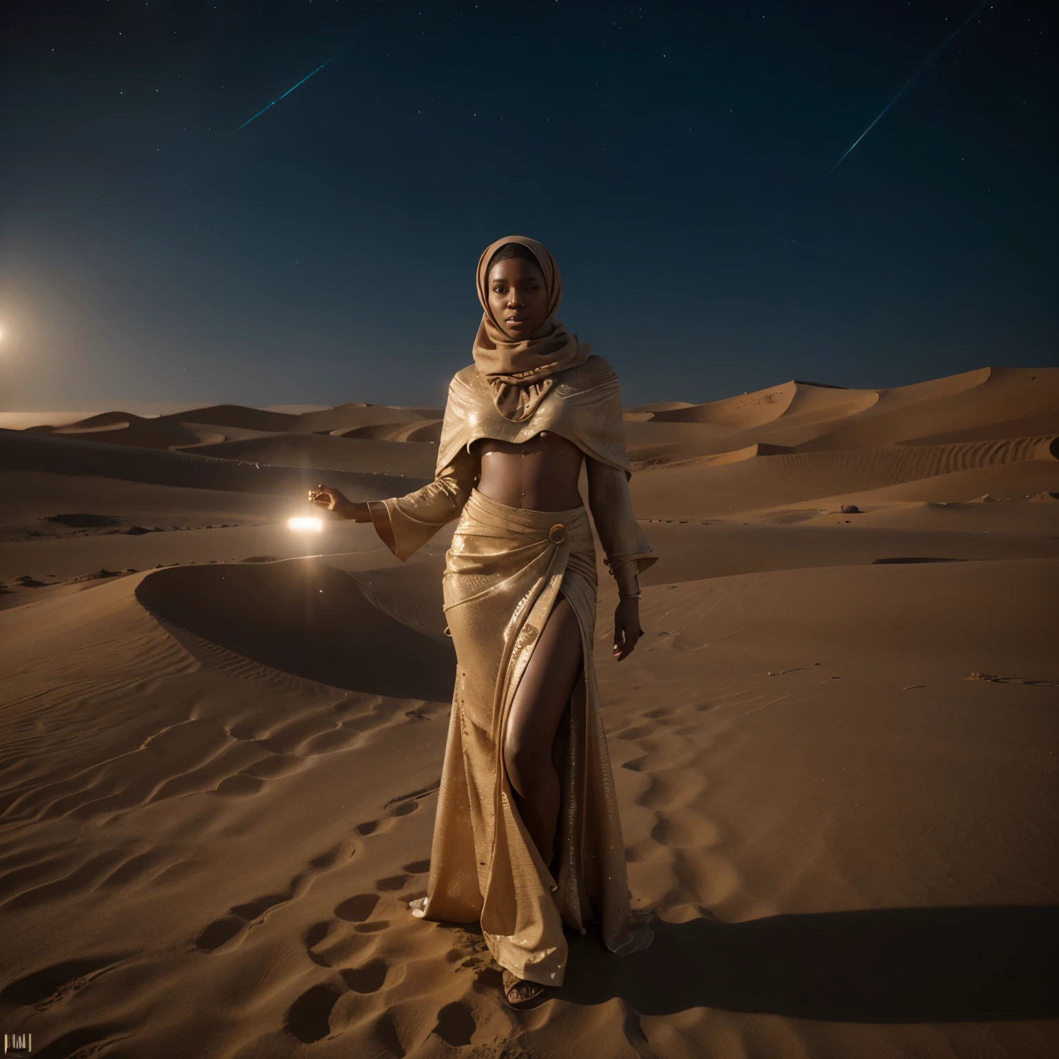 Full body shot of black woman wearing african designed hijab in the desert, surrounded by splashindlg sand dust, sand dune in background, night time with glowing sand particles lighting the scene, artgerm style, 32k, ultra HD, unreal engine rendered, hyper-realistic image 