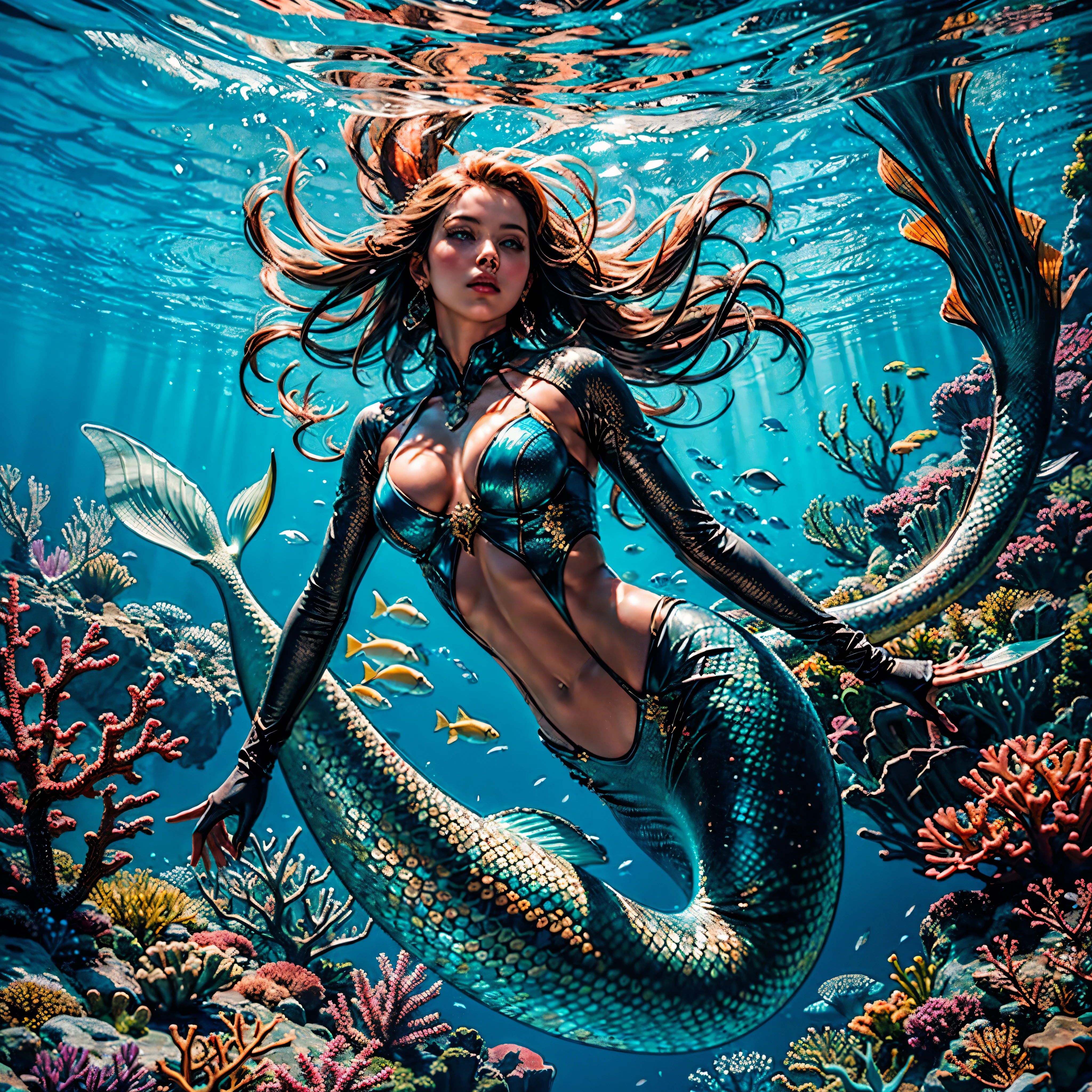 Unrealengine5 ultra Masterpiece, best quality, ultra high res, 1girl, underwater,Beneath the sea, where tendrils of coral fish and vines abound, a (mermaid) girl stares at you, Her eyes gleam with an eerie light hyper_photo-realistic saturate meticulously intricate ultra optimal ultra_high-def ultra_high-quality accurate ultra_high-details ultra_high-res color-coded shading perfection reflex extreme improved Octane_rendered opengl-shaders glsl-shader UHD XT3 DSLR HDR symmetrical multi various etc. --v 6 --s 1000 --c 20 --q 20 --chaos 100