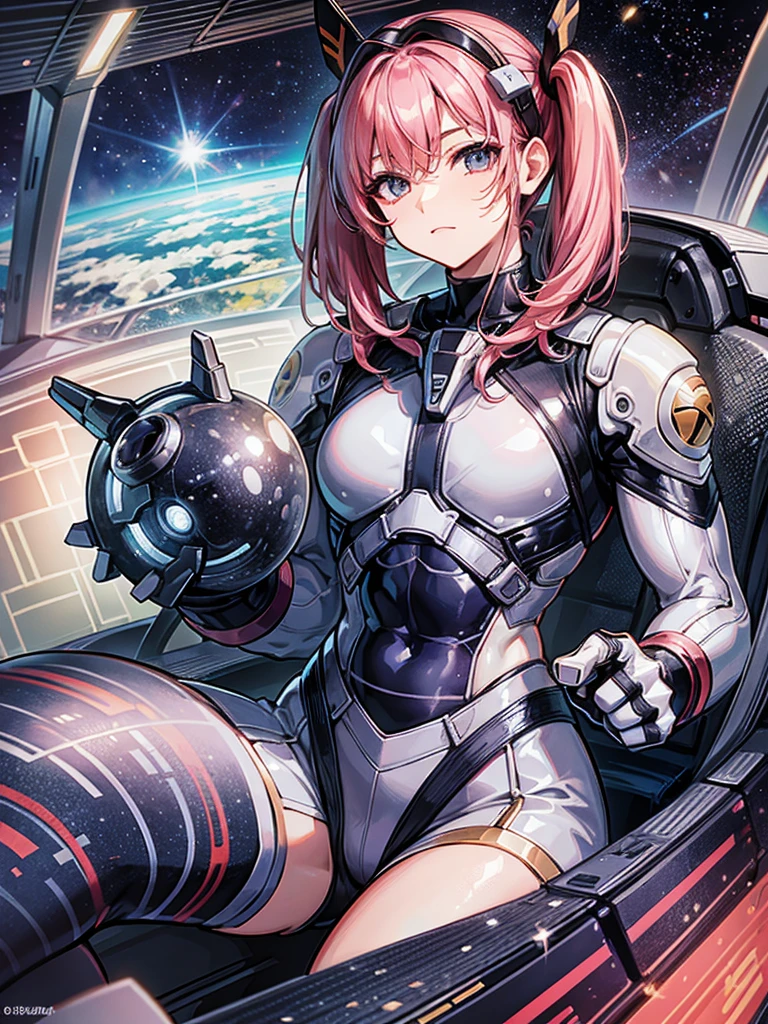 (((masterpiece、Highest image quality、highest quality、highly detailed unity 8kwallpaper)))、((Illustration of one adult))、((25 years old))、(pilot)、(((Beautiful girl with a beautiful face、The body is a man)))、(((Twintails with pink hair)))、Light gray eyes、((tall))、((Muscular strong man's body))、((Muscular strong man's body、solid chest、muscular chest plate、abs、muscular and thick arms、muscular and thick legs))、(((白いpilotスーツ)))、((manspreading、Sitting in the cockpit))、((space fighter cockpit、The Universe on the Monitor、Earth seen from space))