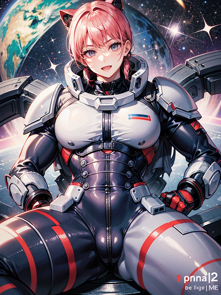 （（（masterpiece、Highest image quality、highest quality、highly detailed unity 8ｋwallpaper）））、（（Illustration of one adult））、（（25 years old））、（pilot）、（（（Beautiful girl with a beautiful face、The body is a man）））、（（（Twintails with pink hair）））、Light gray eyes、（（tall））、（（Muscular strong man's body））、（（Muscular strong man's body、solid chest、muscular chest plate、abs、muscular and thick arms、muscular and thick legs））、（（（白いpilotスーツ）））、（（manspreading、Sitting in the cockpit））、（（space fighter cockpit、The Universe on the Monitor、Earth seen from space））