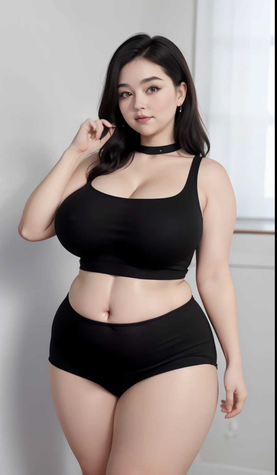 a woman in a black dress is posing for a picture, she has a jiggly fat round belly, thicc, skinny waist and thick hips, bbwchan, wearing tight simple clothes, beautiful thick female, thick neck, curvy hourglass figure, wearing tight shirt, her belly is fat and round, thick body, curvy, tight black tanktop