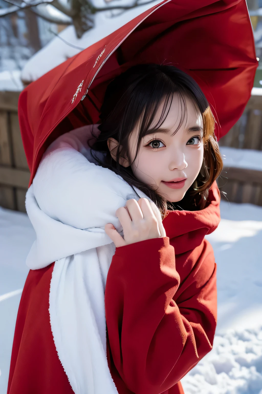 expression，anime style，A cute  friend，Draped in a red cloak，in the snow，Play