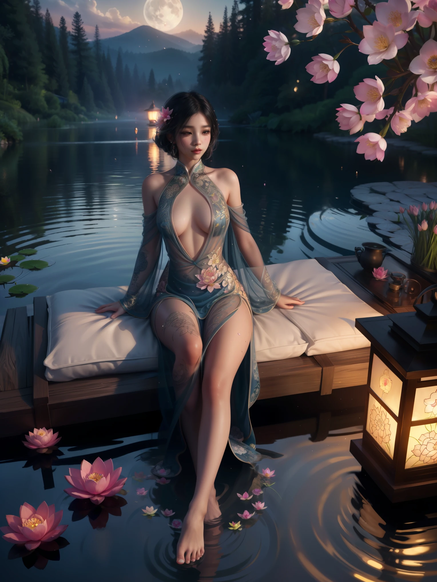 (masterpiece), best quality, expressive eyes, perfect face, 1 sexy girl in forest dress, flowers, leaves, Mandala, fractal, Sleeping Beauty, full body Bella🦋, beautiful sleeping girl, room with mirror, girl sleeping in the bed and sheets, old clock and lamp on the table, full body, black hair, transparent clothes, sexy legs, view of pubic hair, 1 sexy girl in transparent forest clothes, exposed breasts, open transparent t-shirt, tattoos of mandalas and flowers , best quality, masterpiece, illustration, very delicate and beautiful, very detailed, CG, unity, 8k wallpaper, ridiculous, huge file size, very wide lens, soft light, slight smile, view of the man's exposed breasts pubic hair, mandala and flower tattoos, Best quality, Full body, Nude summer, Full tattoo, (Masterpiece, Top quality, Best quality, Official art, Beautiful and aesthetic: 1.2), (1 flower), Full body, Extremely detailed, (Fractal art: 1.3), colored, more detailed, "Best quality", "Masterpiece, Sakimichan style art, black hair fused with platinum and gold, naked girl, beautiful visible pubic area, pink breasts, small breasts at the view, water pond in the garden, old floating clock, lamp, lantern, skin wet with water, floating bed in the pond, beautiful girl lying on the bed, fantasy, view from above, floating bed in the pond, temple interior flooded, night light, full moon, deep fantasy dream, clothes melted in pond water, black hair with gold and platinum reflections, pink weights, toes submerged in water,, official art, unity 8k wallpaper, ultra detailed, beautiful and aesthetic, beautiful, masterpiece, best quality, (zentangle, mandala, tangle, entangle), (ecstasy of flower:1.2) dynamic angle, the most beautiful form of chaos, elegant, a brutalist designed, vivid colours, romanticism, Background with:ponds,Cherry blossom forest,lotus flower)Lie underwater,seen from the front,, mostly cloudy sky,(Very detailed CG unity 8K wallpaper),