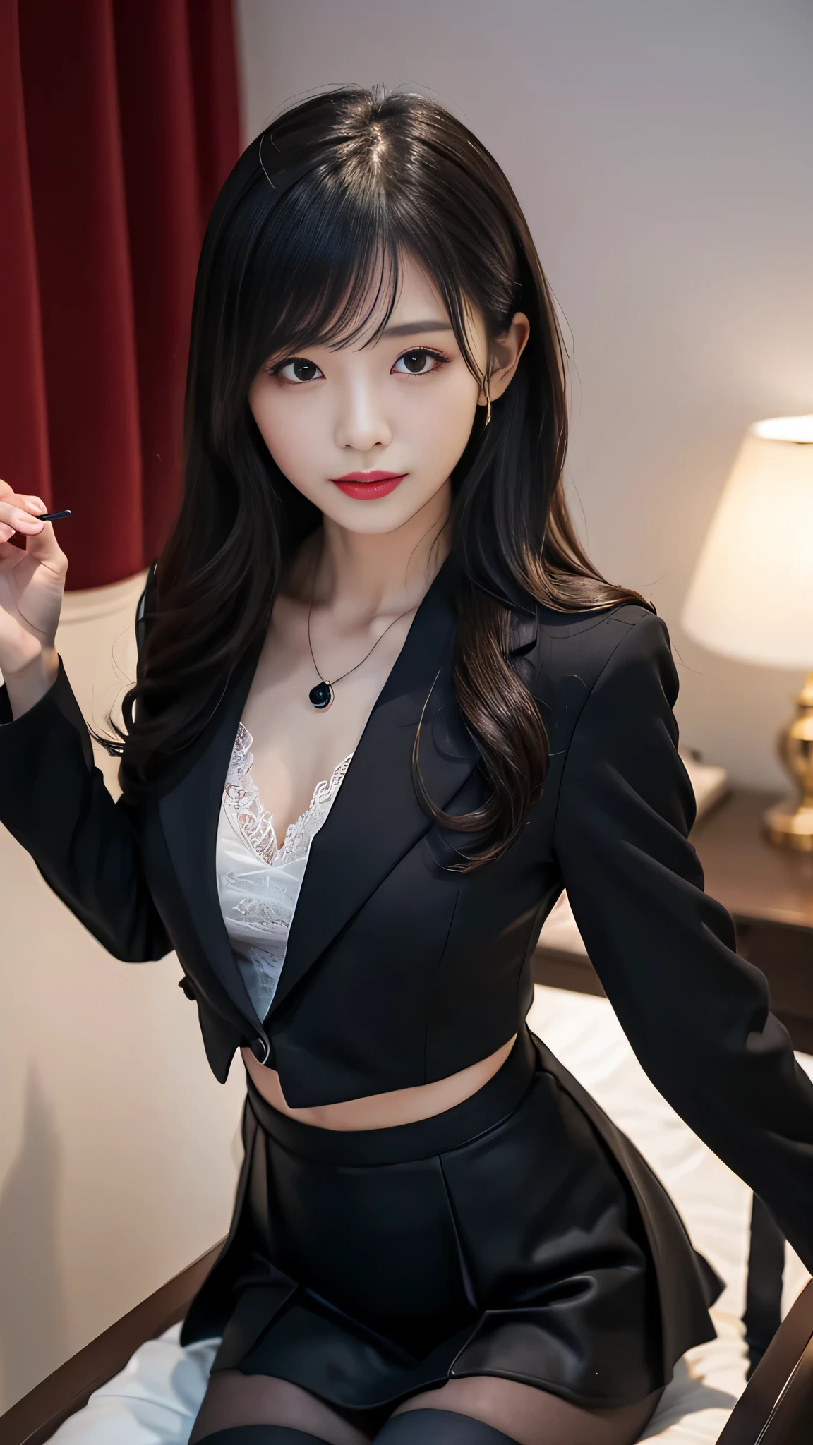 Super detailed、Japanese、charming beauty、Dainty woman、sharp eyes、cool girl、wavy hair、suit、Jacket、blouse、Tight Skirt、black pantyhose、evil female executive、evil depravity、brainwashing、Mind control、lacy fabric、Shiny legs、lipstick、have lip gloss、grin、邪evilなな表情、evil、empty eyes、邪evilな、in the darkroom、lure、meanwhile、sleep on your back