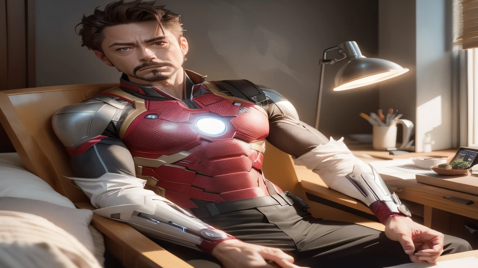 maravilha, Velho Tony Stark, realisticamente, dynamic lights, velho, restolho cinza, filmagem completa, (papel de parede CG Unit 8K extremamente detalhado), trends on artstation, trends at CGSociety, alto detalhe, sharp focus, dramatic, fotorrealista,professional colour grading, sombras suaves, sem contraste, Clean and sharp focus, fotografia de filme --ar 2:3 matic