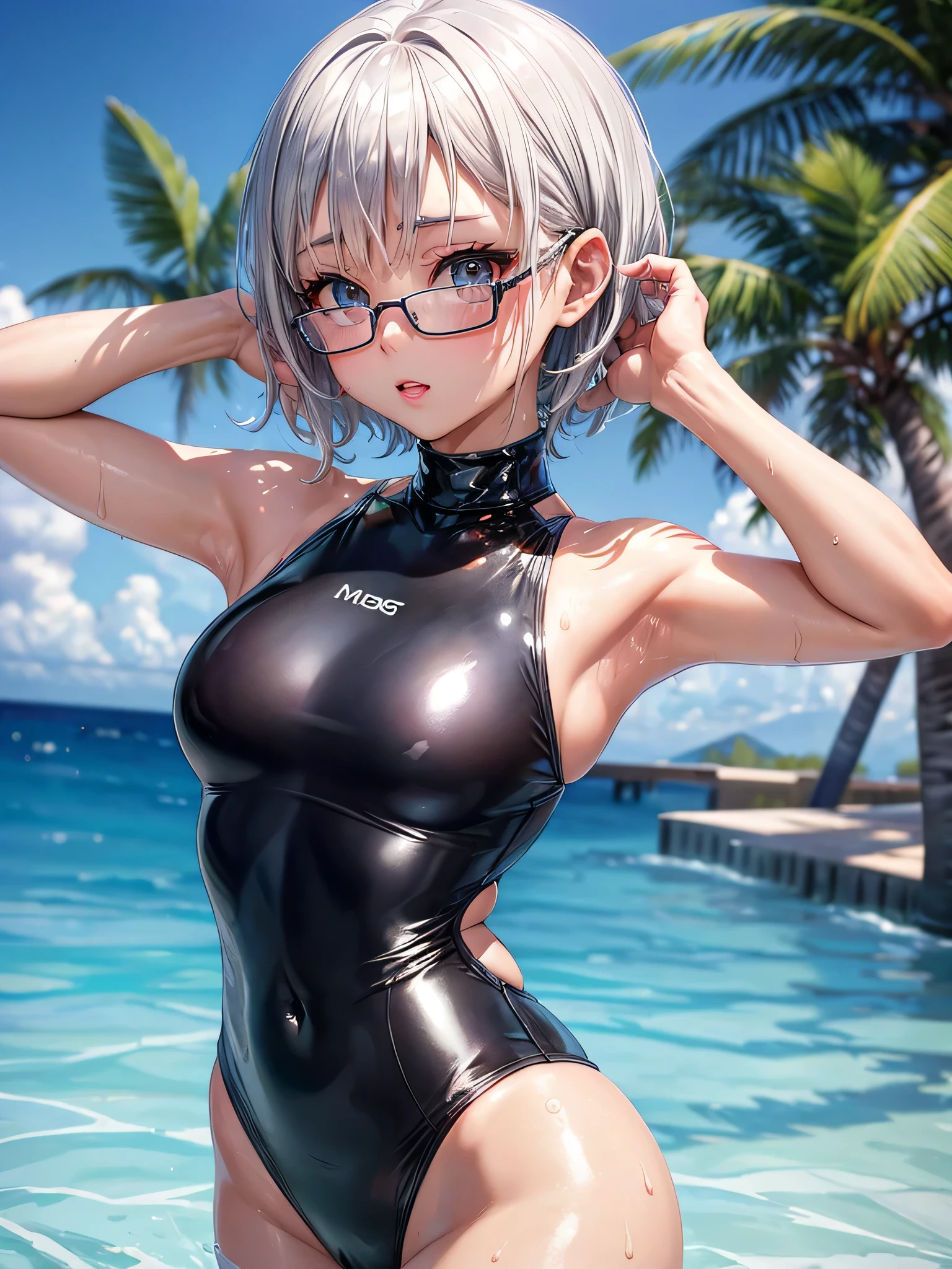 best image quality、8K、UHD、pieces fly、cute eyes、silver hair、Glasses、latex high neck swimwear、latex high neck school swimwear、short hair、短髪のsilver hair美女、wet skin、