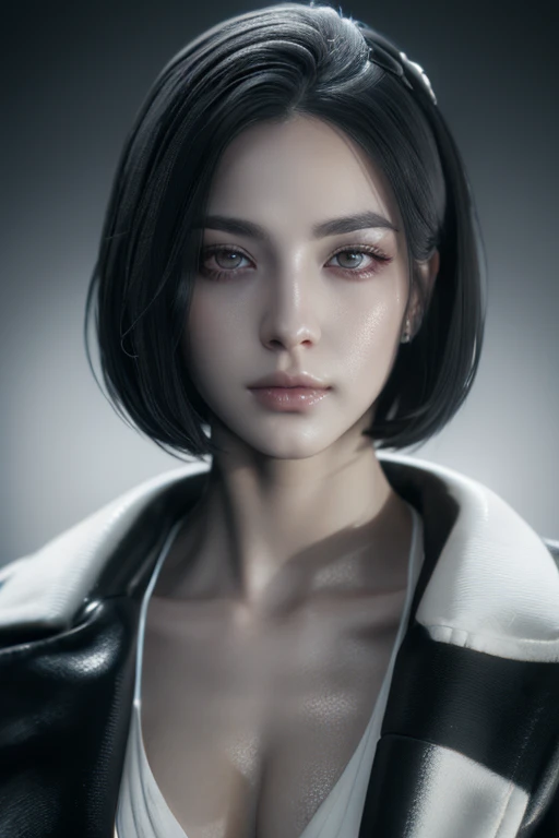 Beautiful girl with realistic black eyes, white skin, medium length black hair, perfect face, perfect eyes, wearing a coat, very detailed, comprehensive movie, digital painting, 8K, cinematic lighting, highest quality, High resolution, detailed work, Post-processing, perfect results, surreal