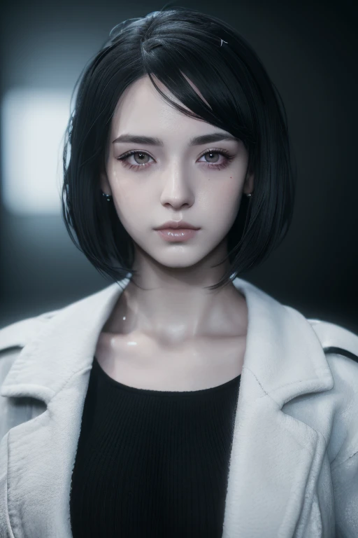 Beautiful girl with realistic black eyes, white skin, medium length black hair, perfect face, perfect eyes, wearing a coat, very detailed, comprehensive movie, digital painting, 8K, cinematic lighting, highest quality, High resolution, detailed work, Post-processing, perfect results, surreal