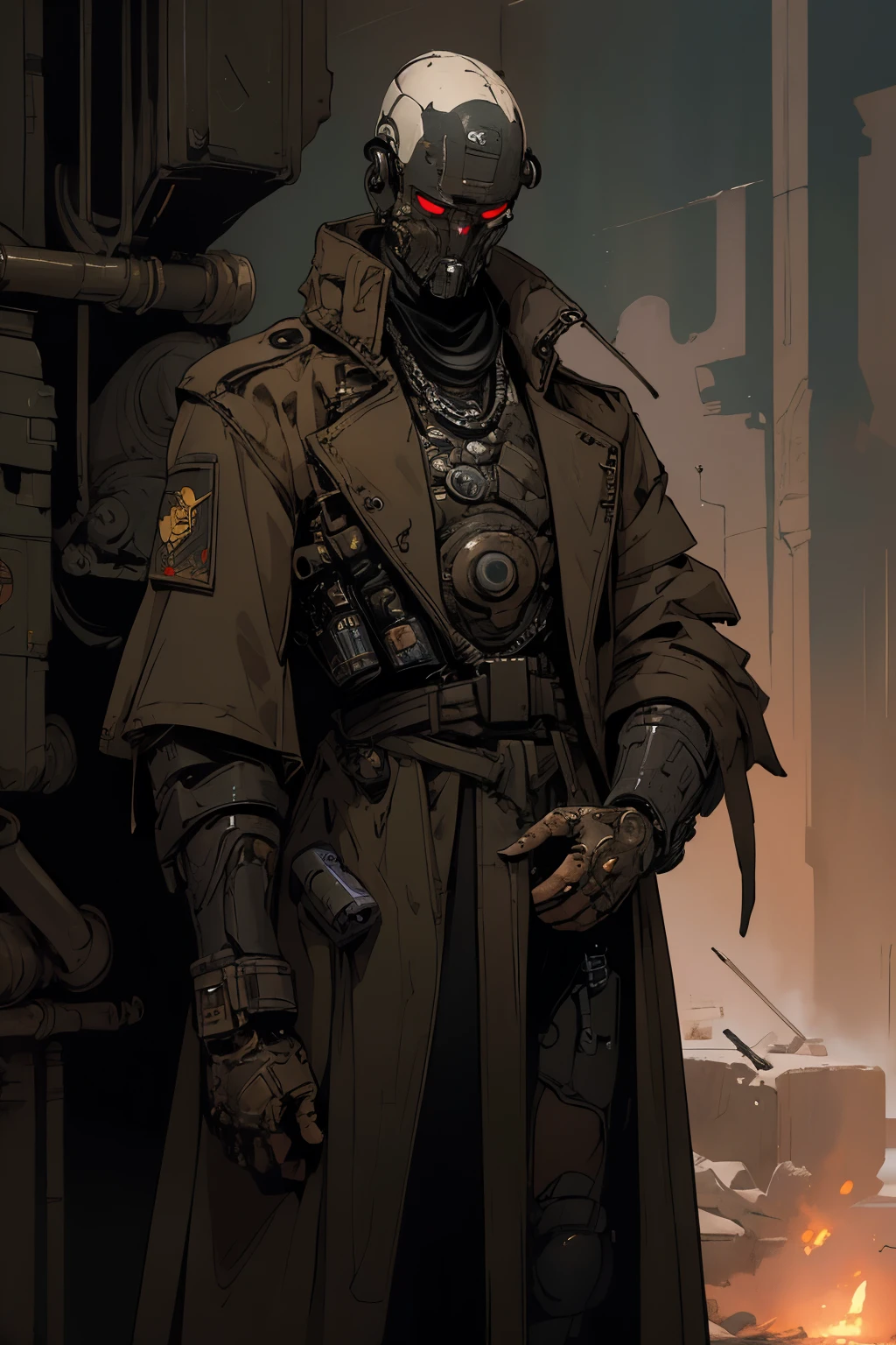 best quality, masterpiece, ultra detailed, 8k, derpd, lethal cyborg wearing a trench coat, SCI-FI, male, bounty hunter, danger, military, pancho, dark, 