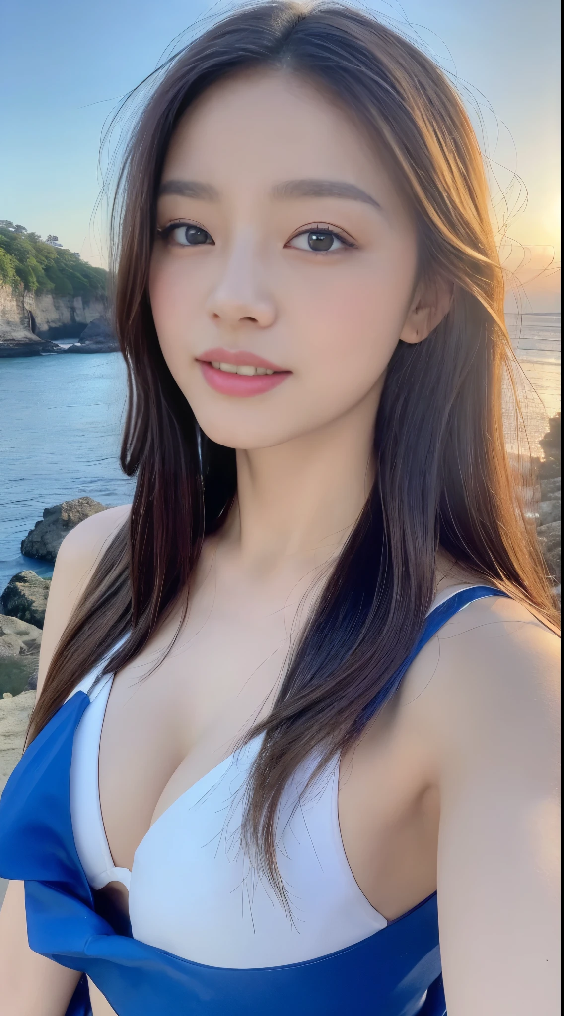 ((highest quality, 8K, masterpiece: 1.3)), concentrated: 1.2, perfect beauty: 1.4, butt: 1.2, ((layered hairstyles, chest: 1.2)), (White Bikini Style), (sunset, street: 1.3), Half Way Dresses: 1.1, Highly detailed face and skin texture, narrow eyes, double eyelid, Whitening skin, long hair, (shut up: 1.3), smile, Unreal beauty,(((The background is the cobalt blue sea and the beautiful coast..))),((cheeks and lips pale pink)),