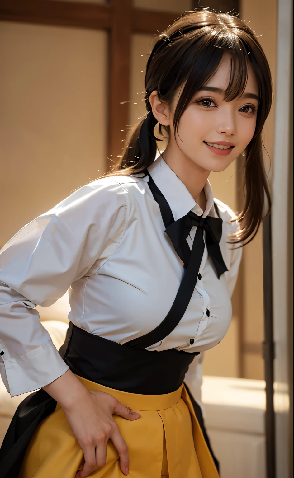 (8K, Raw photo, Best Quality, masutepiece:1.2), high-definition RAW color photography, professional photograpy, (Realistic, photographrealistic:1.37), ((Best Quality)), 20 year old woman, Cinematic Light, (finerly detailed face:1.2), (masutepiece:1.5), (Best Quality:1.2), (Mole:0.5), (Smiling:1.2), (Looking at Viewer:1.2), Flip up your skirt and show off your panties, White panties with wrinkled frills, bowtie, (Detailed maid clothes in black and white:1.2),Slender and beautiful legs