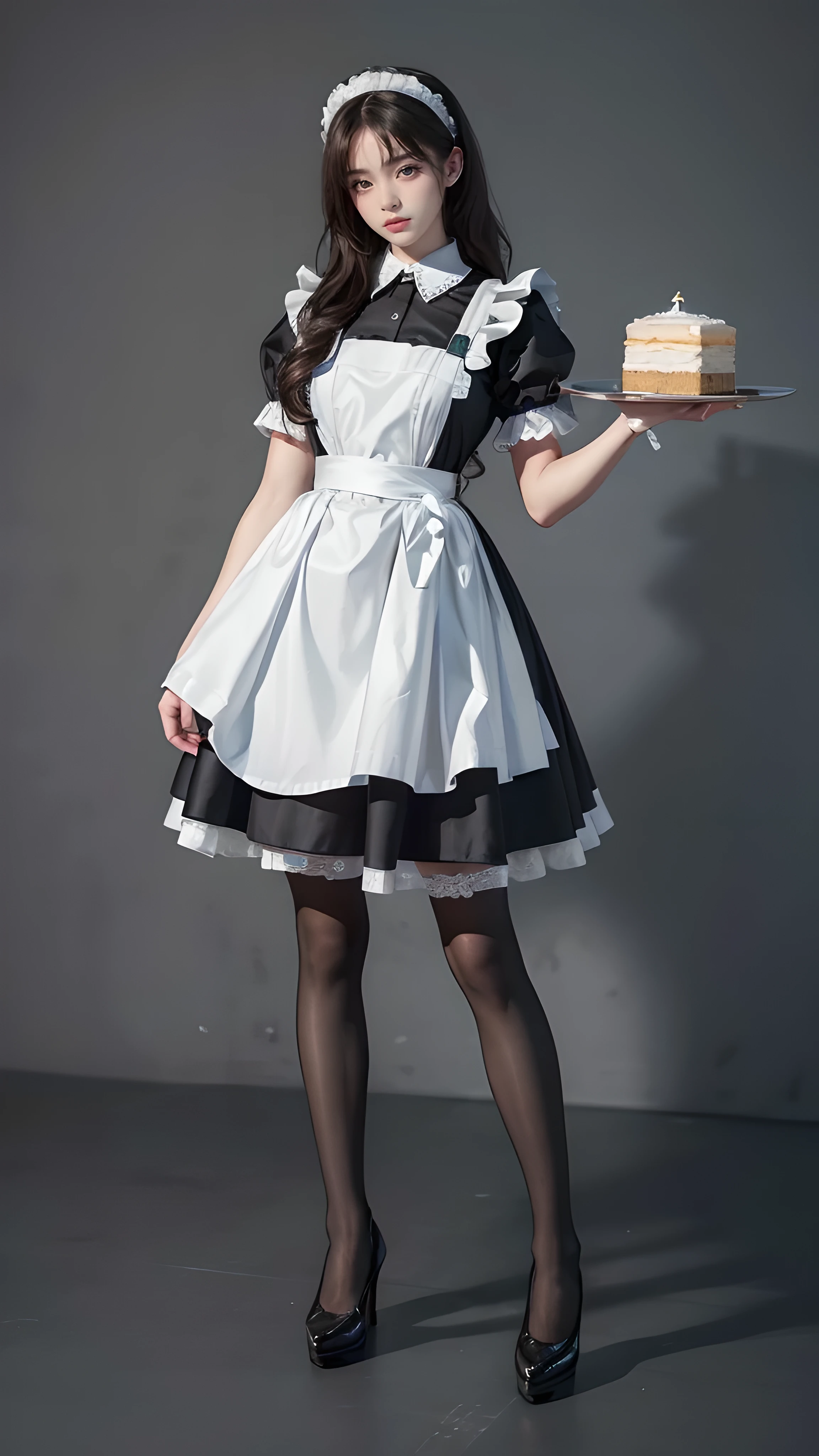 (8k,best quality, high resolution, 超high resolution:1.1), (masterpiece, actual, photo-actual:1.1),portrait style,A girl in a maid costume,black stockings,High heel,((whole body)), permanent, holding a tray in one hand,Detail surface,Reasonable structure,beautiful脸蛋,beautiful,beautiful,focus blur,looking at camera,