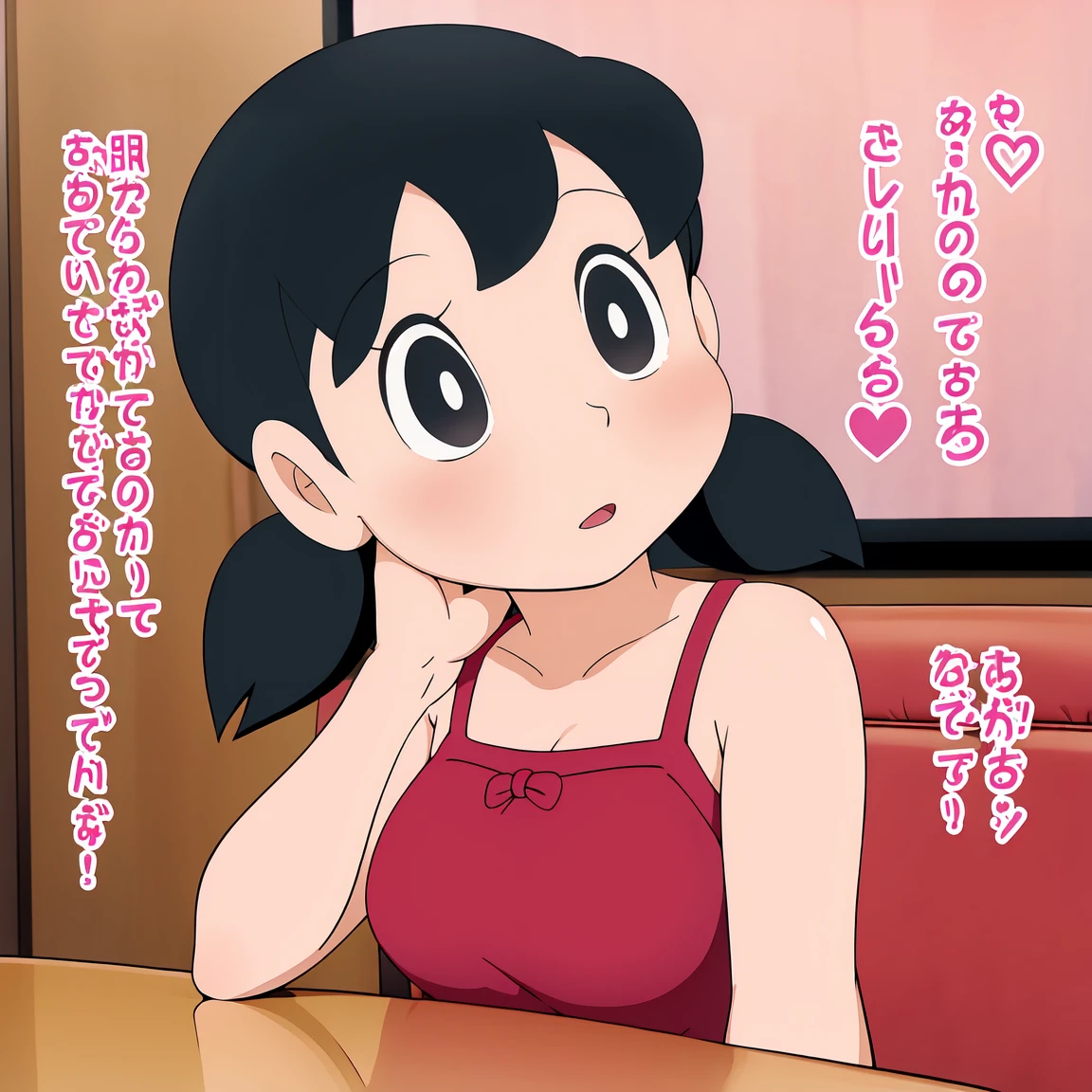 1 girl, alone, Upper body, red skirt, black hair, twin tails, big breasts, short twin tails, Sofa backrest, armpit,