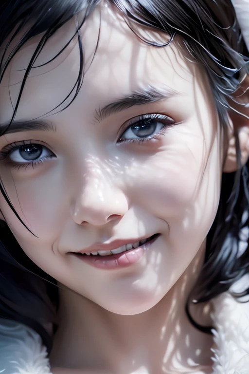 Beautiful girl with realistic black eyes, white skin, medium length black hair, perfect face, perfect eyes, wearing a coat, very detailed, comprehensive movie, digital painting, 8K, cinematic lighting, highest quality, High resolution, detailed work, Post-processing, perfect results, surreal
