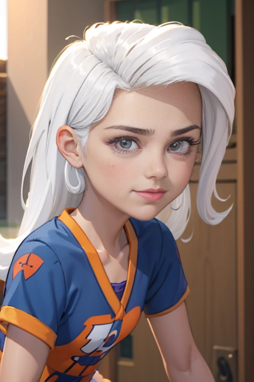 (La mejor calidad, 4k, 8k, Altas Resoluciones, obra maestra:1.2), ultra detallado, Cara detallada, Labios y ojos detallados..........., lindo maquillaje , aspecto atractivo, Rostro expresivo, realista,
QUEBRAR L ,beautiful caucasian woman with shoulder length messy wavy cabello blanco, 14 years old, modelo adolescente , Grandes ojos azules, piel clara, Slim and athletic ,
QUEBRAR , (dynamic  pose),  Luz solar suave iluminando la escena, Sutil movimiento del viento en el cabello, cheerful expression, gloomy atmosphere, Suave, Natural lighting that emphasizes your features..........., Subtle shadows that add depth and dimension to the image..........., (joven) lleva una camiseta naranja , falda azul a cuadros  , Small breasts , albina , linda chica , cabello plateado 