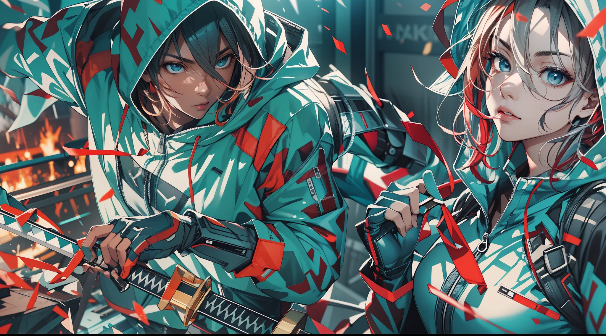 Capture the breathtaking moment as a young, dark-skinned man, dressed in a crisp white windbreaker hoodie, holds katana sword while menacingly staring at Sue Storm in her invisible form. This RAW masterpiece showcases an ultra-high resolution, photorealistic full-body portrait, illuminated by the warm glow of sunlight. The scene is rendered in the captivating style of mecha sci-fi anime, boasting an impressive 8K resolution for the best quality imagery. Crafted with Unreal Engine 1.4, this piece features ultra-realistic 64K CG, skin texture at 1.4, and volumetric fog to add depth and atmosphere. The details are further enhanced with 8K UHD, DSLR quality, film grain, and the artistic touch of lomography. The result is a stunning blend of high-quality visuals, translucent effects, and photorealism that truly captivates the viewer.