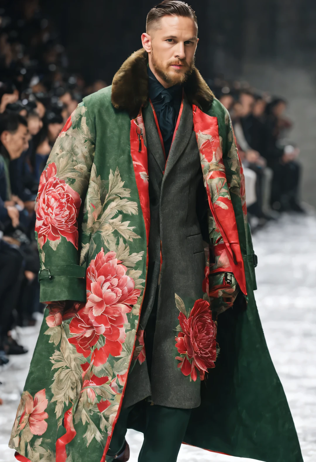 CG scene design, (China Winter Men&#39;s Fashion Show 2024), (whole body),
(Men's Winter Extra Long cotton cloth Coat Design: 1.0), (Tall and handsome male model Tom Hardy Huge wears a thick red and green peony fabric cotton coat: 1.34), Has warmth、Windproof function, peonies and birds, Leaves, using saturated big red and green peonies and birds, themed with interwoven patterns, brown fur coat collar, complex patterns, A modern interpretation of Tibetan totems, Lines and tailoring reflect the fusion of modern fashion and traditional craftsmanship,
parka snow coat, (exceed) coat jacket, scarf, leather jacket, Winter scarf, gloves gloves, belt, boots, sunglasses, shirt, jeans, casual pants, Pants, casual Pants, Pants, cardigan sweater
Pullexceed Sweater Pullexceed Sweater, sweatshirts, sport jacket/port coat (Casual for men) tweed blazer, Vest, field boots, leather shoes, sports shoes,
cotton cloth, Linen, wool,
background: It snowed heavily, with magnificent fashion running track, running track, Light, branch, and CG scene design,