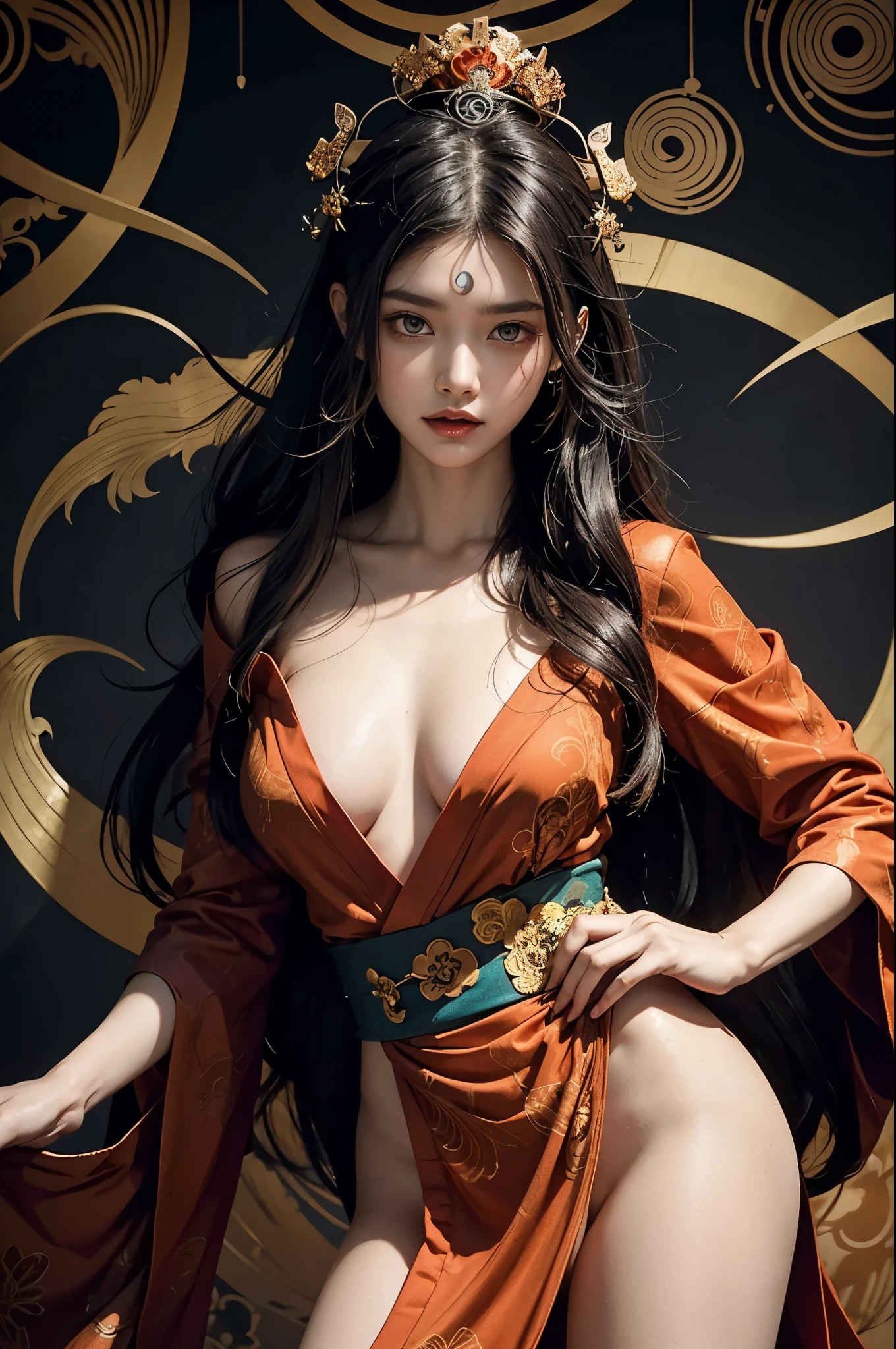 A digital illustration combining the serenity of a nude Hindu goddess with the malevolence of Japanese demonic yokai spirits embodying chaotic evil. The color palette is primarily monochromatic with bursts of vibrant, unnatural colors that signify the presence of the yokai spirit The figure has her ornate crown, indicative of divine status, merged with sinister elements such as horns or jagged edges associated with yokai. Her eyes have a wild, menacing look, with the glitch effect across them intensifying into chaotic digital patterns that suggest a loss of control or malevolent intent. Sharp fangs protrude from her mouth, and her hair is tangled and wild, suggesting a departure from her divine composure. The background incorporates both the precise schematics of technical blueprints and the abstract, swirling patterns that evoke the unpredictable nature of yokai. .. A digital illustration in the style of a modern Japanese manga. The character is a young woman with large expressive eyes and short black hair, dressed in a vibrant red kimono adorned with intricate golden patterns. She is in a dynamic pose, with her red kimono flowing dramatically around her, revealing glimpses of armor underneath. The background is a complex array of mechanical parts and swirling lines, suggesting motion, with a color palette dominated by reds, golds, and touches of black and white. The overall aesthetic is highly detailed and stylized, with a sense of movement and intensity.