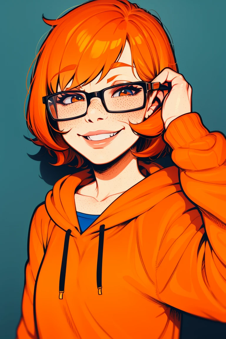 Ginger nerd, portrait, short hair, bangs, glasses, nose piercing, smile, detailed face, sweater, freclkles, detailed, hoodie, cute freckles, freckles, resembles velma from scooby doo, orange sweater, messy hair