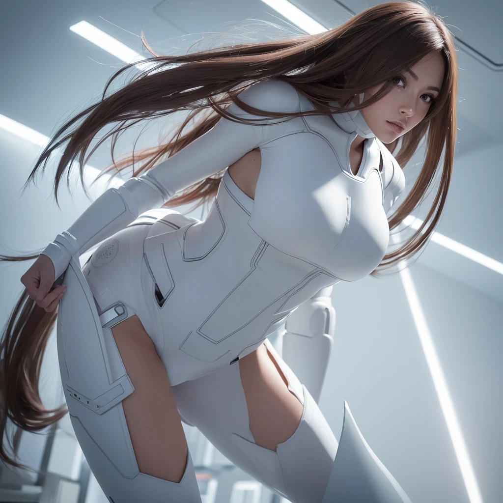 a woman in a white dress, perfect android girl, beutiful white girl cyborg, in white futuristic armor, cute cyborg girl, beutiful girl cyborg, cyberpunk 2 0 y. o model girl, beautiful android woman, portrait beautiful sci - fi girl, female cyberpunk anime girl, sci-fi female, cyberpunk beautiful girl, cyborg girl, symmetrical face shape, (slim and body), Extremely long brown hair, seductive brown eyes, perfect figure, Plump lips, seductive smile, firm breasts, Beautiful buttocks, voluptuous hips, well-proportioned legs, lying on pose , background is futuristic city (random night-day), depth of field, first-person view, pov, close-up, from below, from behind, atmospheric perspective, masterpiece, textured skin, anatomically correct, super detail, high quality, best quality, 4K, 8k, masterpiece, anatomically correct, super detail, high quality, best quality, 4K, 8k