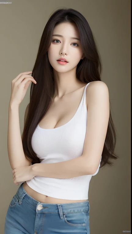 (Lifelike, A high resolution:1.3), 1 girl with a perfect body, Super fine face and eyes,long whitr hair, Tank top of random colors:1.2, short jeans pants, Bigboobs,Expose cleavage
