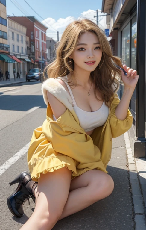 highest quality、masterpiece、ultra high resolution、Photoreal、RAW photo、1 girl、sexy look、shoulder hair、The lower half is curled and sauvage、cute smile like a model、frontage、Hair color is blonde、Tight mini skirt in yellow、Ordinary high heels、eyes are double、wear mascara、Cute pose like a model、cute face、Gorgeous like a model、ultimate beauty、cute smile、bright smile、Masseter muscle part、highest quality、Clothes suitable for winter、trendy down jacket、Downtown cityscape、sunny day、photo shoot、Sexy frilly shorts are fully visible、embarrassing smile、