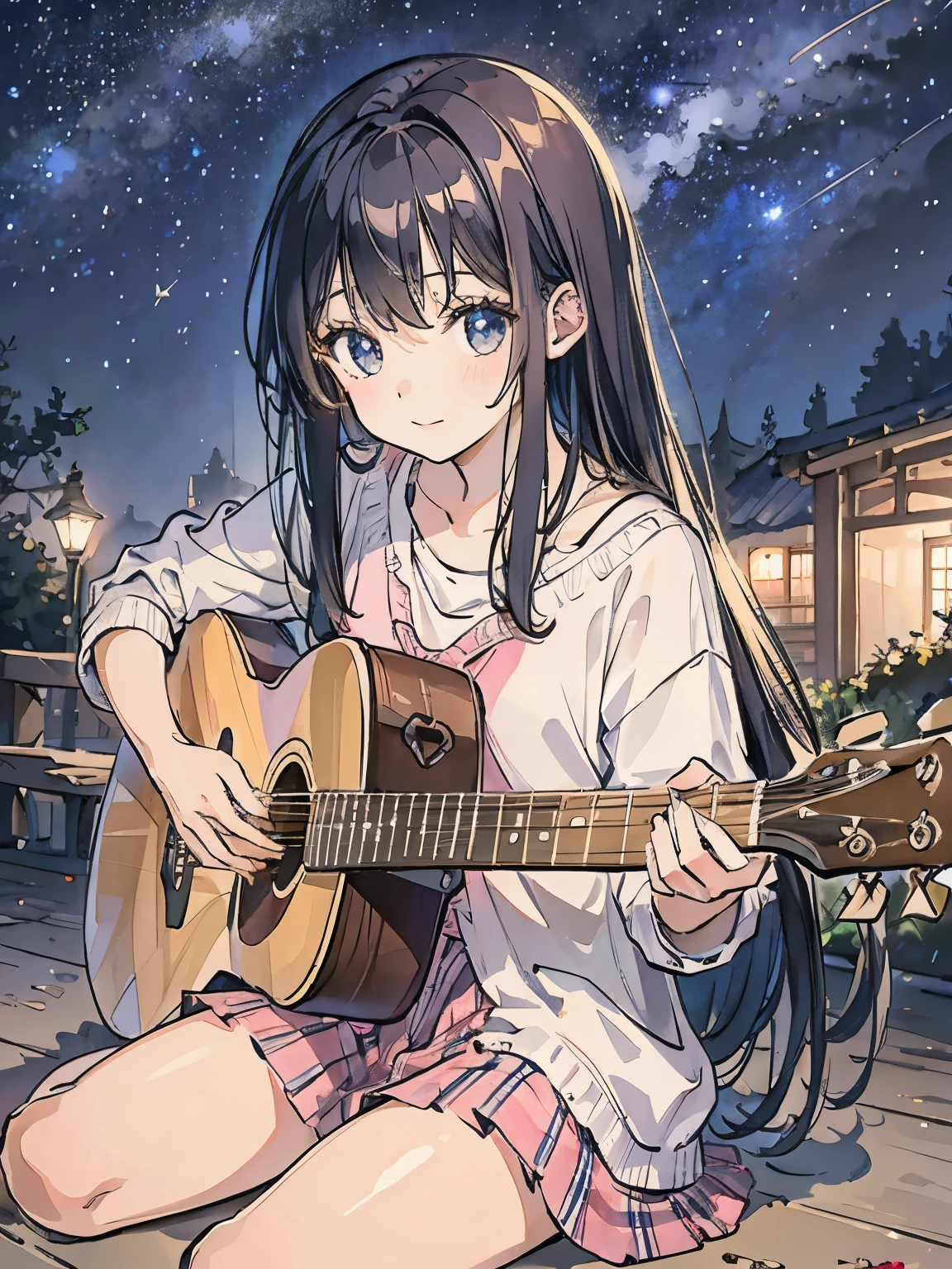 Girl sitting under the starry sky and playing guitar、nostalgic