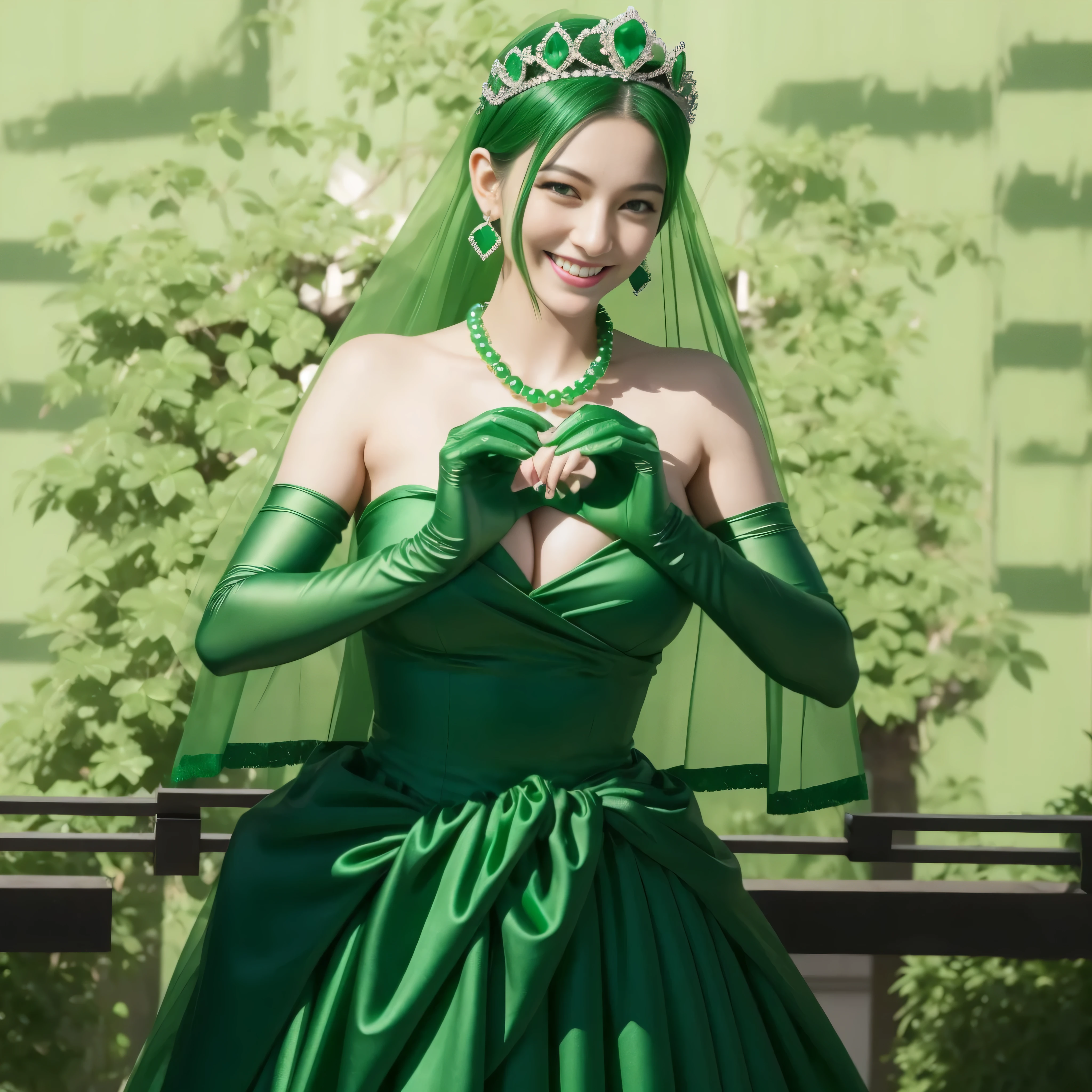 emerald tiara, green pearl necklace, ボーイッシュな非常に短いgreen hair, lipstick, smiling Japanese woman, very short hair, Beauty with large breasts, green eyes, Long Green Satin Gloves, green eyes, emerald earrings, green veil, heart with both hands, green hair