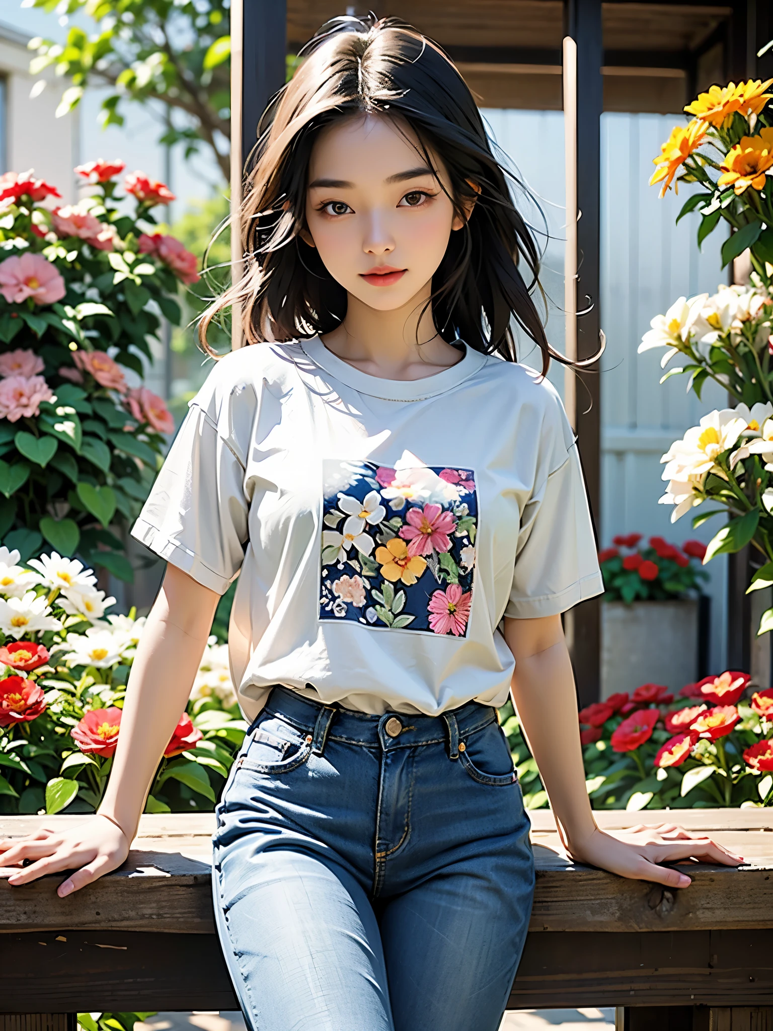 Create an image of an Asian woman wearing a t-shirt and jeans facing the viewer. Surrounded by flower gardens, natural light