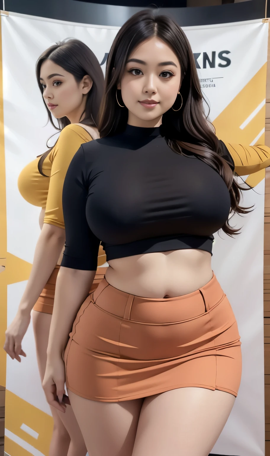 arafed woman in a short skirt posing in front of a poster, thicc, wearing tight simple clothes, full body picture, she has a jiggly fat round belly, fit pic, skinny waist and thick hips, wearing honey - themed miniskirt, middle body shot, good hips and long legs, wearing crop top and miniskirt