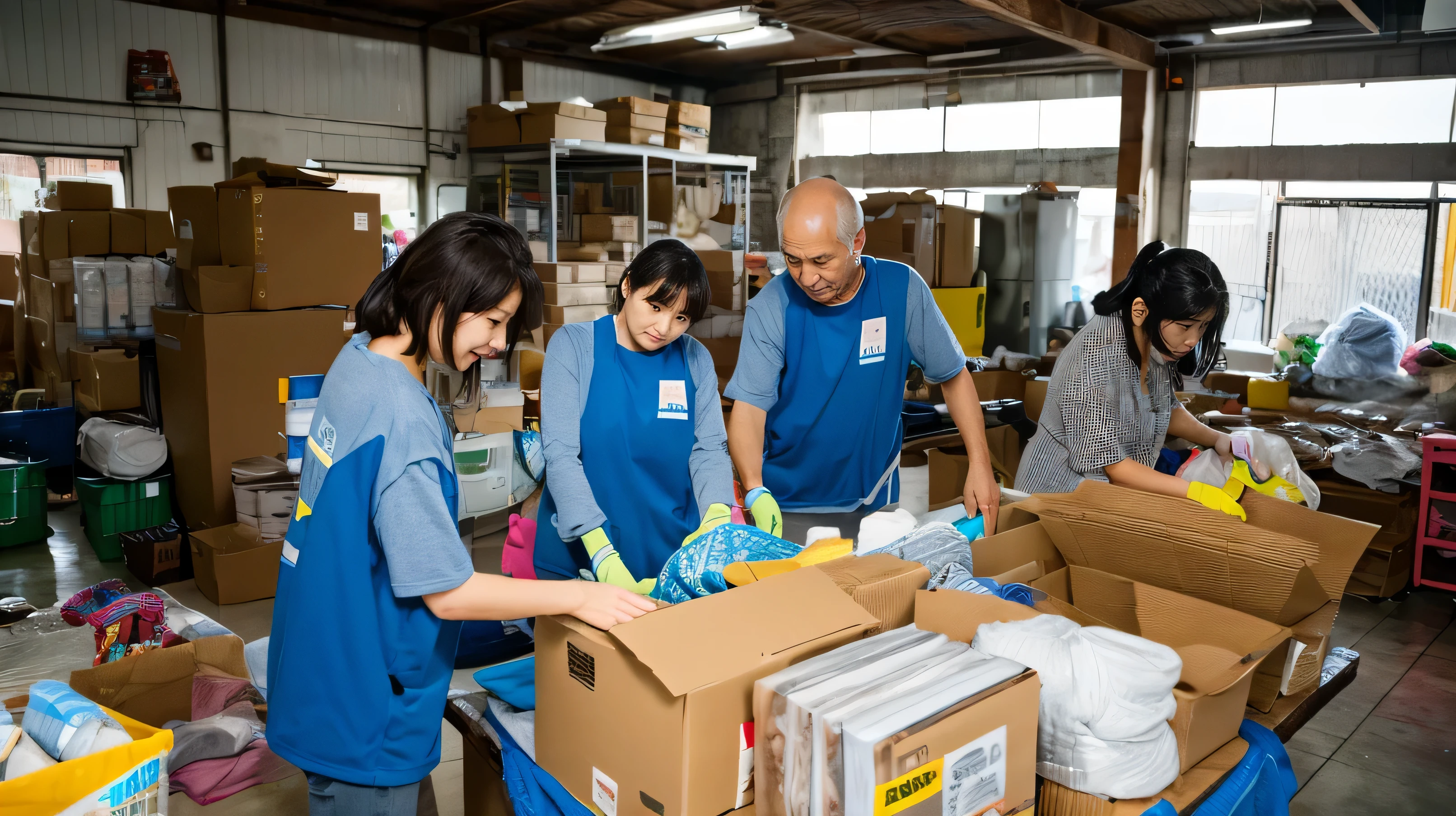 Disaster support activities、Men and women sorting household goods、volunteer、High resolution、High resolution、