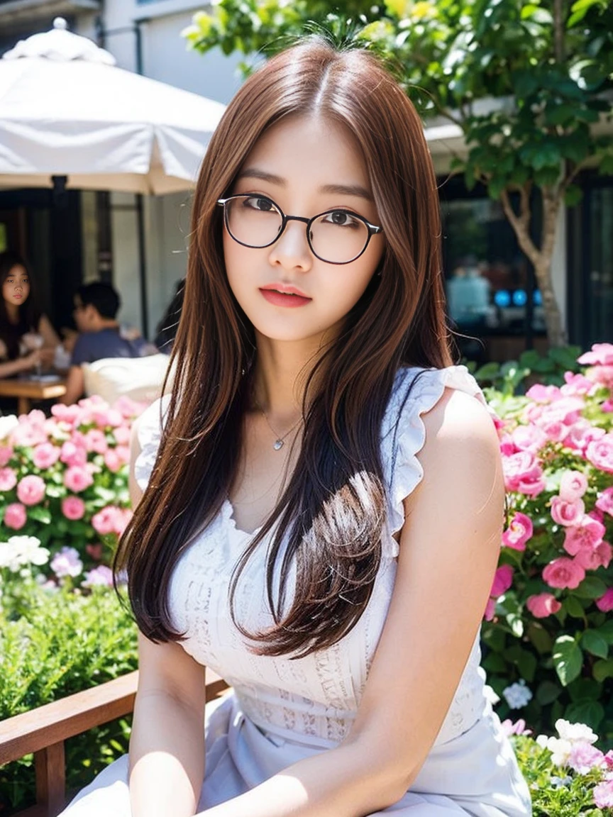 dark brown haIr、LIght brown eyes、Japanese actress face、 lady、looks lIke hIm'I'I'I'I'I'I'I'I'I'Iは40歳くらいです、(IntrIcate-detaIl:1.2)、(top-qualIty:1.4)、 (超A hIgh resolutIon:1.2)、超A hIgh resolutIon、(A detaIled eye)、(detaIled facIal features)、nffsw、8K resolutIon、D cup breasts、long hair、white clothes、troubled expression、Terrace cafe on the street with a flower shop、, flowers, a bustling magical town, mediterranean fishing village, Mediterranean cities, Sitting on sofa in café、beautiful feet、Scenery of magenta flowers in full bloom、sideways pose、彼は少し顎を上げて横目でIを見つめます.、Weak contrast、wearing glasses、
