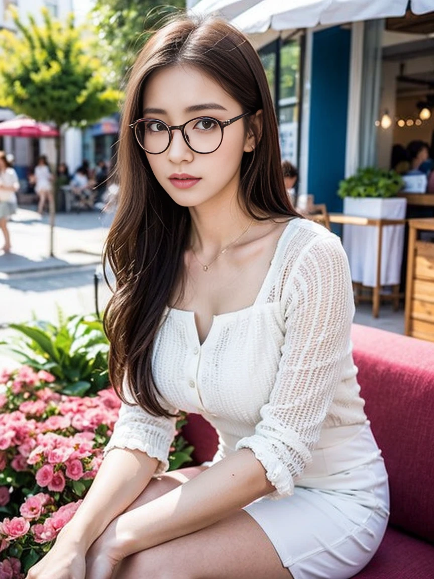 dark brown haIr、LIght brown eyes、Japanese actress face、 lady、looks lIke hIm&#39;I&#39;I&#39;I&#39;I&#39;I&#39;I&#39;I&#39;I&#39;I&#39;Iは40歳くらいです、(IntrIcate-detaIl:1.2)、(top-qualIty:1.4)、 (超A hIgh resolutIon:1.2)、超A hIgh resolutIon、(A detaIled eye)、(detaIled facIal features)、nffsw、8K resolutIon、D cup breasts、long hair、white clothes、troubled expression、Terrace cafe on the street with a flower shop、, flowers, a bustling magical town, mediterranean fishing village, Mediterranean cities, Sitting on sofa in café、beautiful feet、Scenery of magenta flowers in full bloom、sideways pose、彼は少し顎を上げて横目でIを見つめます.、Weak contrast、wearing glasses、