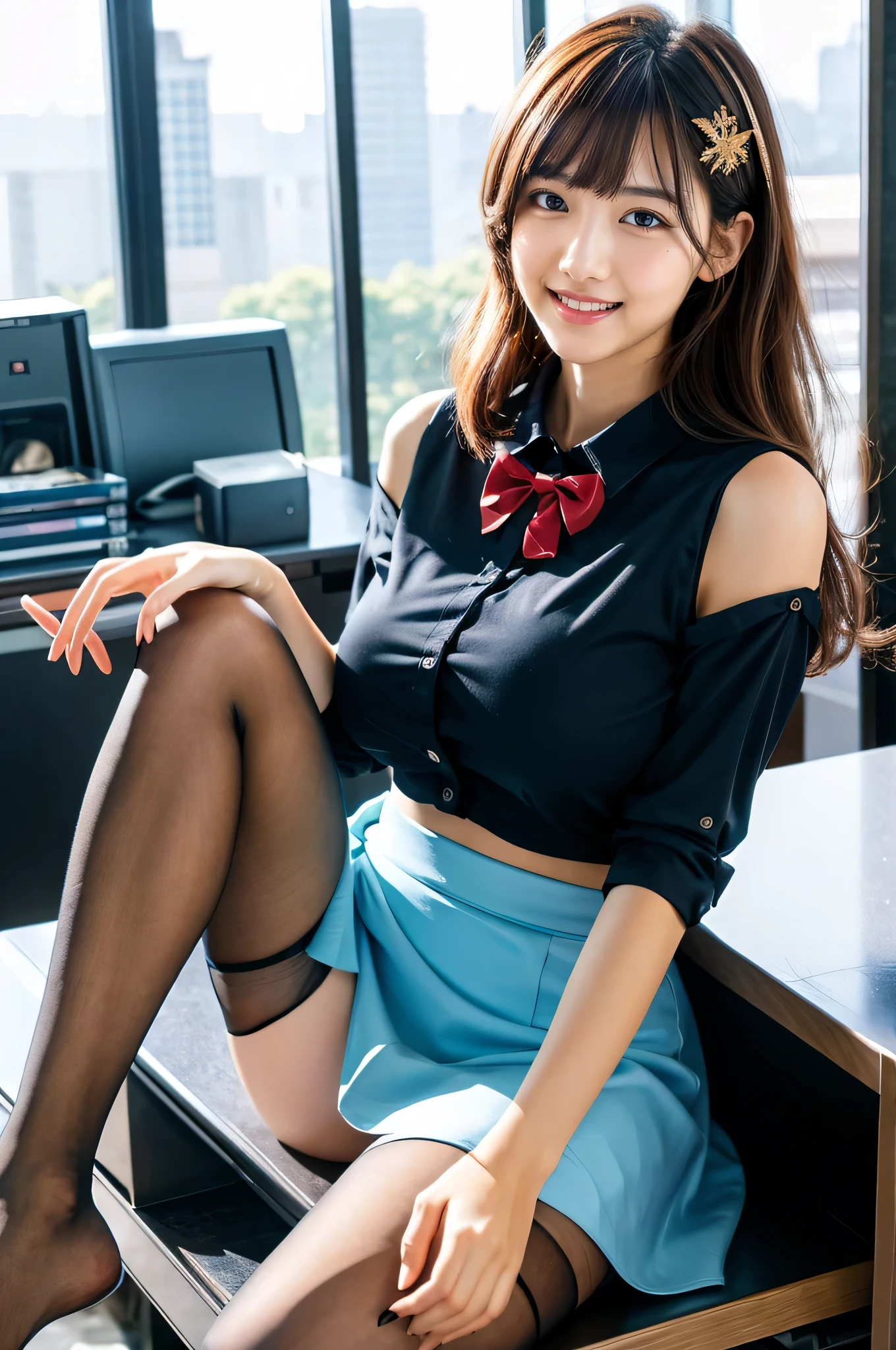 (Best Quality, 8K, 32K, Masterpiece, UHD:1.2), Photo of Pretty Japanese woman, (anime illustration:1.5), Full body, (most immense breasts:1.2), sexy body, perfect girl, face details, slim body:2, professional lighting, dynamic angle, perfect hands, BREAK 1girl, cute, POV, cosmetics-free, (sitting and spread legs on a desk:1.4), (knees up:1.5),(gyaru:1.4), (bank teller, black skirt, bow, long sleeves, pantyhose, blue shirt, skirt, vest:1.1) holding school bag:1.2, chestnut wavy hair, (hairpin, hair ornament:1.2), (cleavage:0.5), collarbone, (decorations:1.2), sunlight, challenging, smile in office room in a skyscraper building:1.3, president's office:1.1, leaning forward, skirt_lif