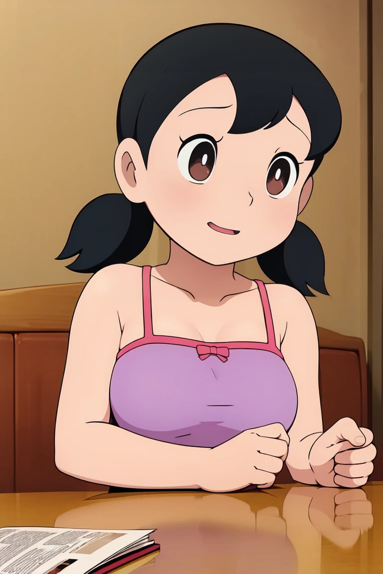 1girl, solo, upper body, black hair, twintails, large breasts, short twintails, camisole, backrest on sofa,