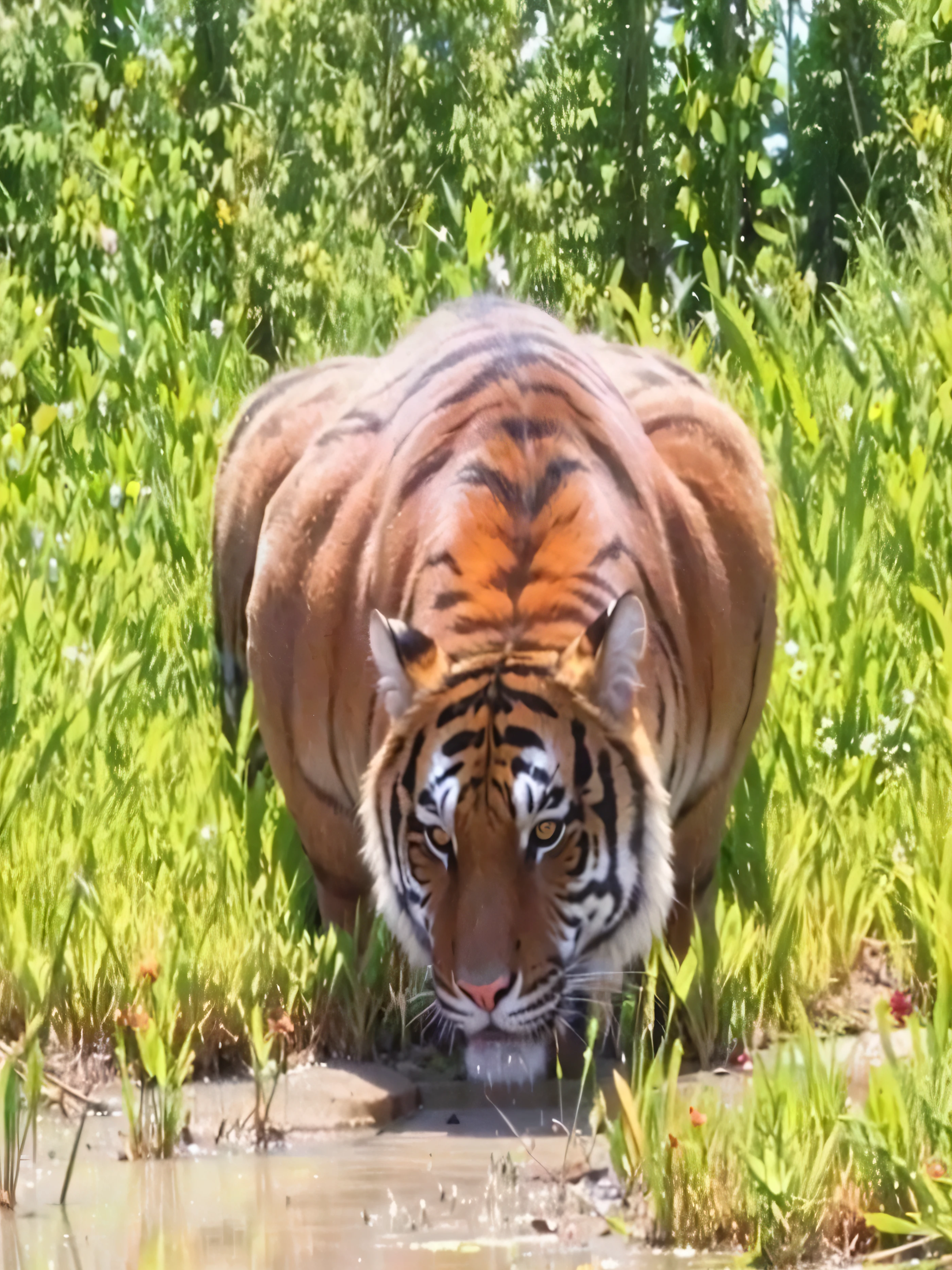 there is a tiger that is drinking water from a pond, tiger, a tiger, big cat, gaze, Ferocious appearance, wwf, wild animals, by Nancy Carlin, by Darren Bader, tiger_beast, author：Theresa Nelson, looks fierce, by Dean Ellis, author：Robert Blackman, viral photos, by Joe Stefanelli, natural beauty, lush nature