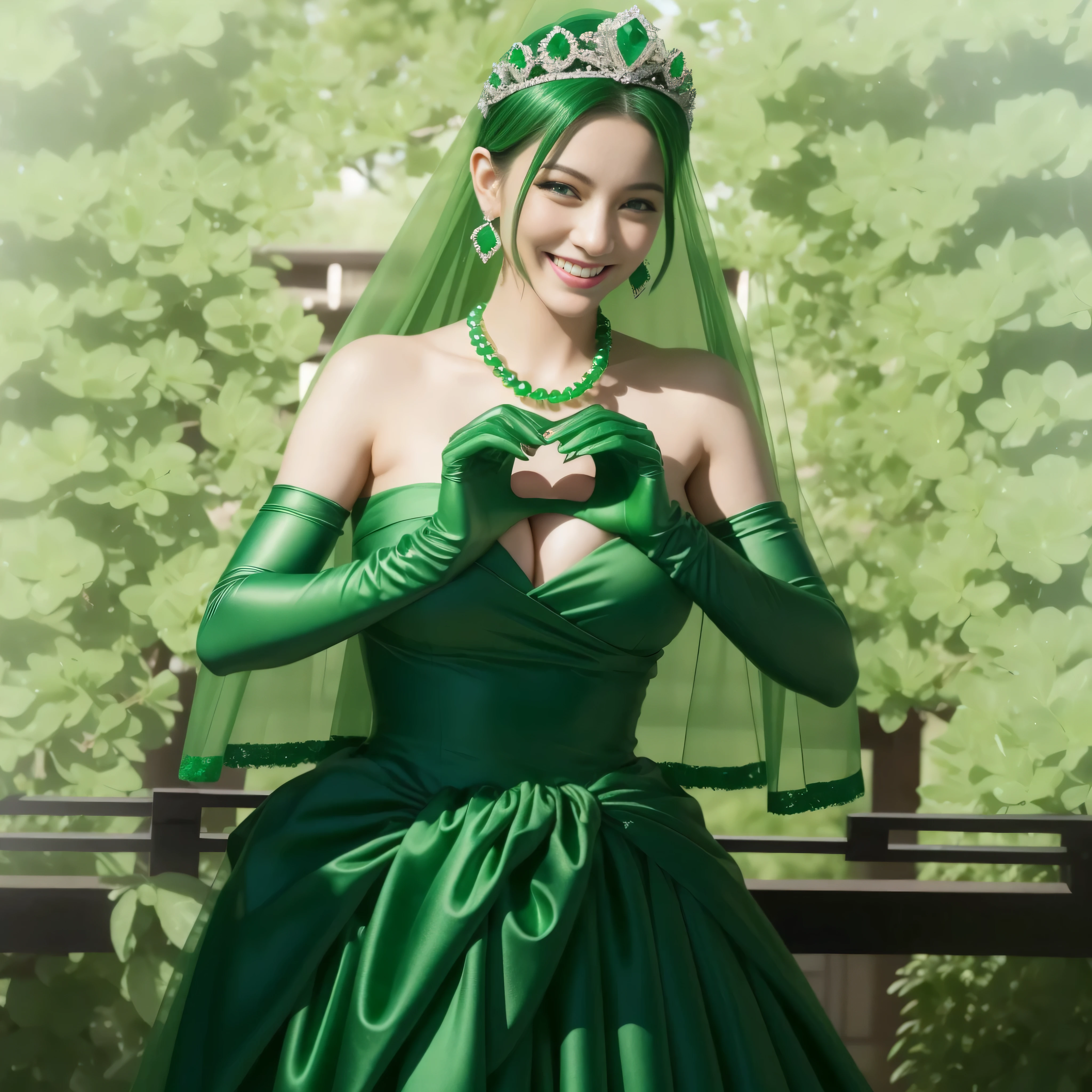 emerald tiara, green pearl necklace, ボーイッシュな非常に短いgreen hair, lipstick, smiling Japanese woman, very short hair, Beauty with large breasts, green eyes, Long Green Satin Gloves, green eyes, emerald earrings, green veil, heart with both hands, green hair